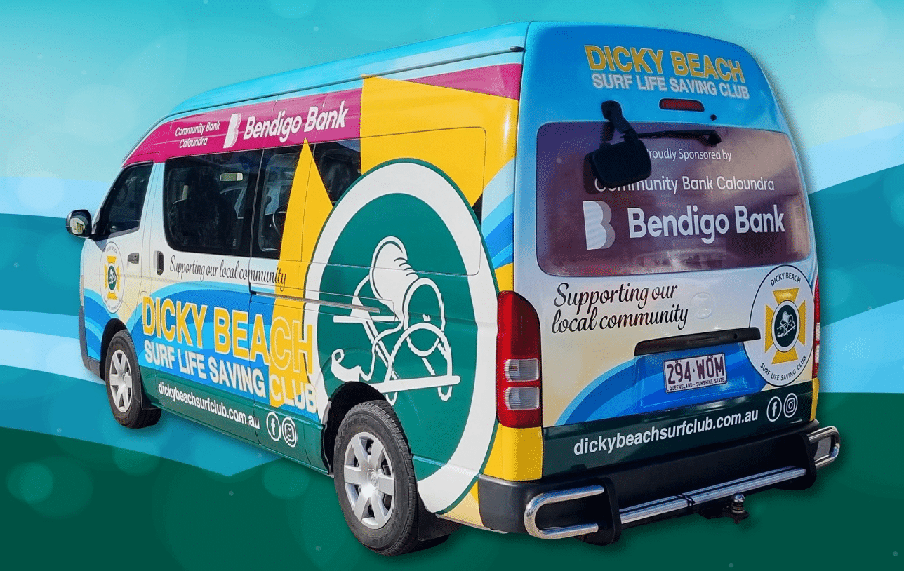 Dicky Beach Surf Club van with full wrap and custom signage on the Sunshine Coast