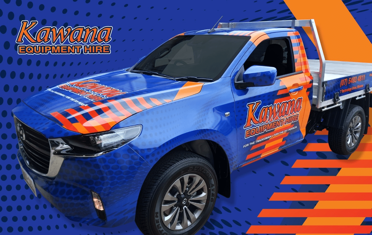 Kawana Equipment Hire ute with custom wrap and vehicle signage on the Sunshine Coast