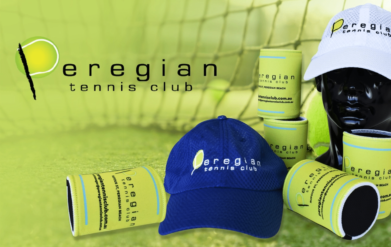 Peregian Tennis Club branded merchandise and apparel on the Sunshine Coast