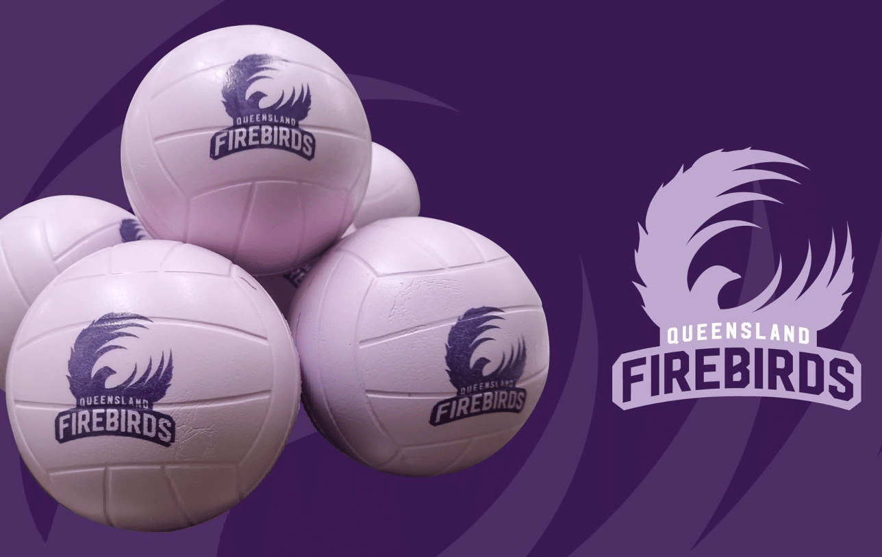 Queensland Firebirds branded merchandise showcasing custom branding