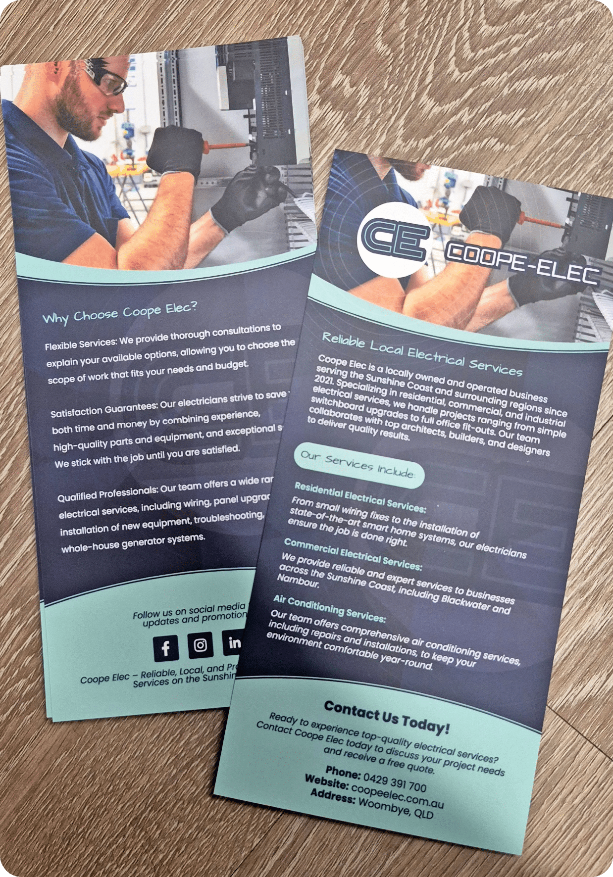 Custom printed full colour DL flyers for Coope Elec, Sunshine Coast