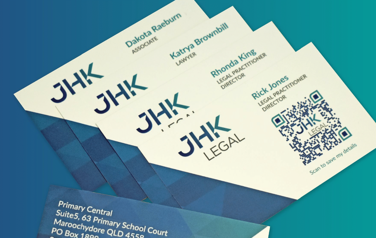 Custom printed 420gsm business cards for JHK Legal, Sunshine Coast
