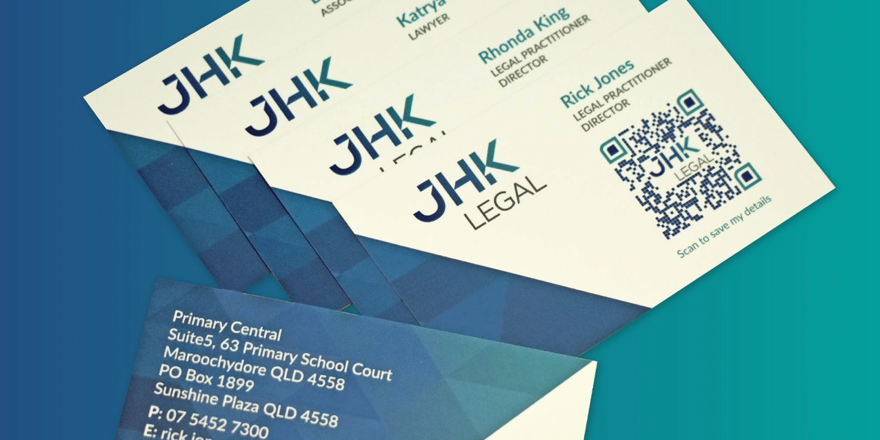 Custom branded business cards designed and printed for JHK on the Sunshine Coast