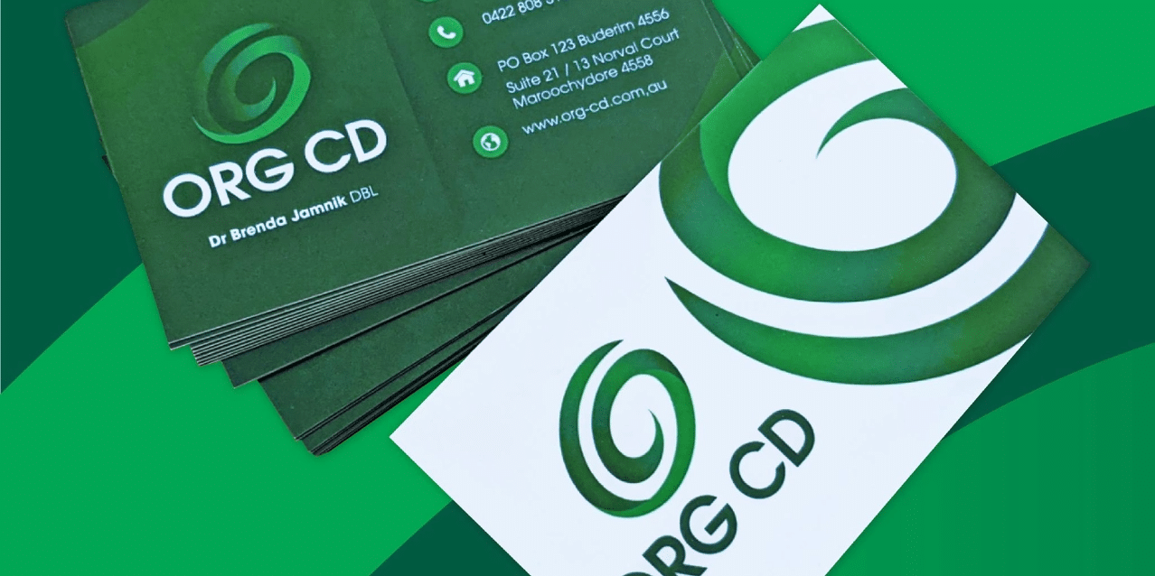 Branded business cards created for ORG-CD on the Sunshine Coast